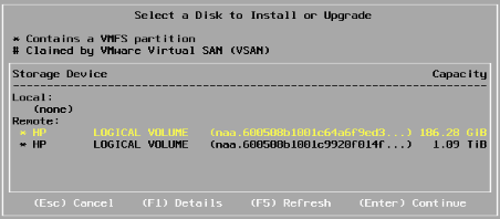 ESXi Installation 2 - Disks available